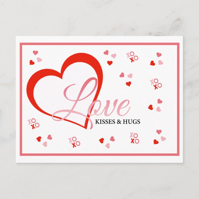 Red heart love kisses and hugs valentine's postcard (Front)