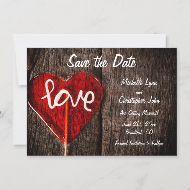 Red Heart Love Lollipop Rustic Barn Wood Wedding Save The Date (Front)