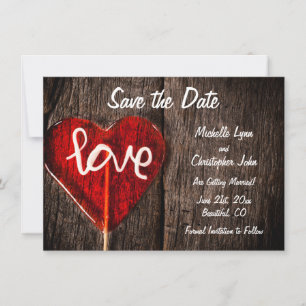 Red Heart Love Lollipop Rustic Barn Wood Wedding Save The Date