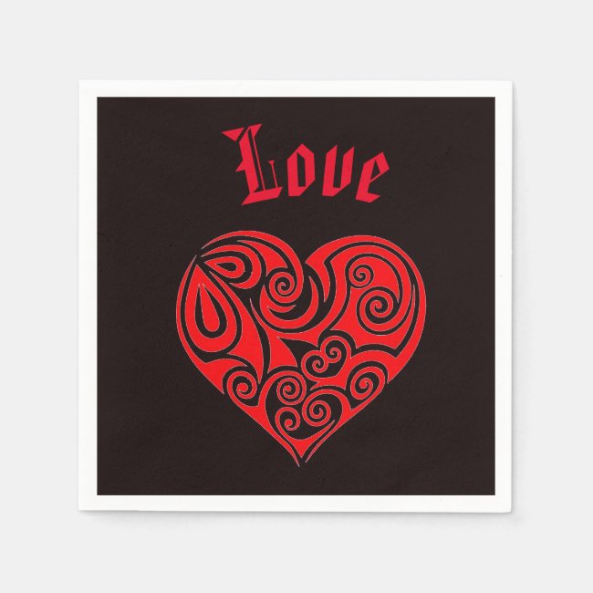 Red Heart Love Pattern on Black Paper Napkins