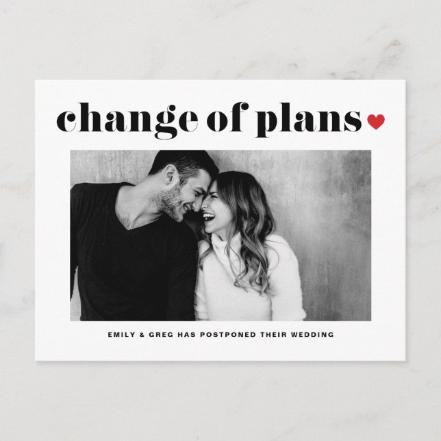 Red Heart Modern Change of Plans Wedding Announcement Postcard (Front)