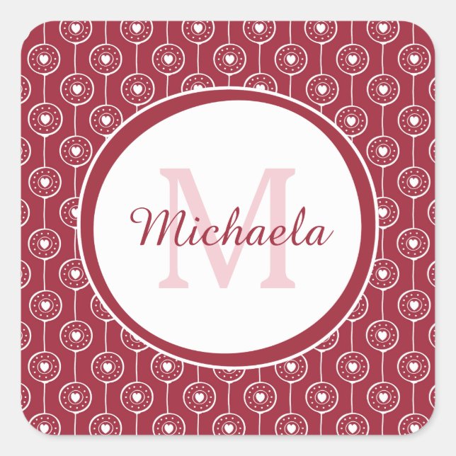 Red Heart Monogram Square Sticker (Front)