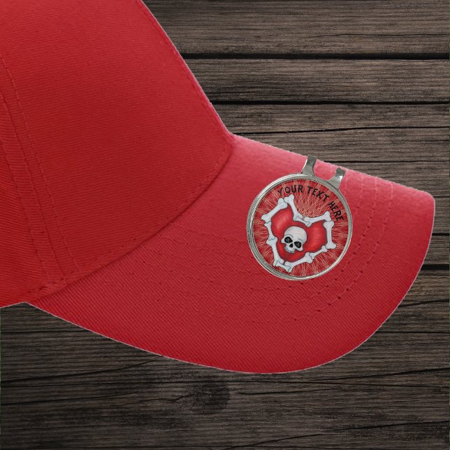 Red Heart of Bones Skull Sparkle Eyes Squiggles Golf Hat Clip (Red heart outlined in bones with sckull on abstract red and beige golf hat clip.)