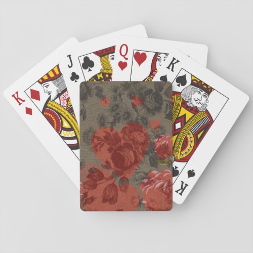 Red heart on beautiful vintage floral playing cards