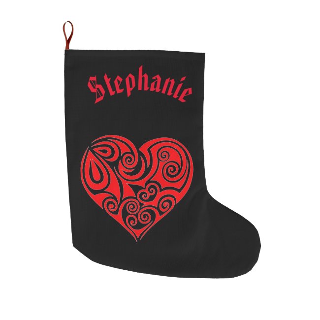 Red Heart on Black Christmas Stocking
