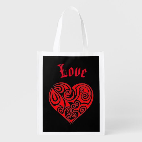 Red Heart on Black Reusable Grocery Bag