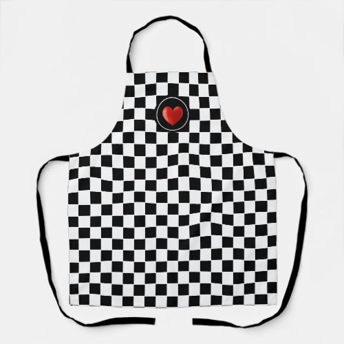 Red Heart on Black White Checkerboard Pattern Apron