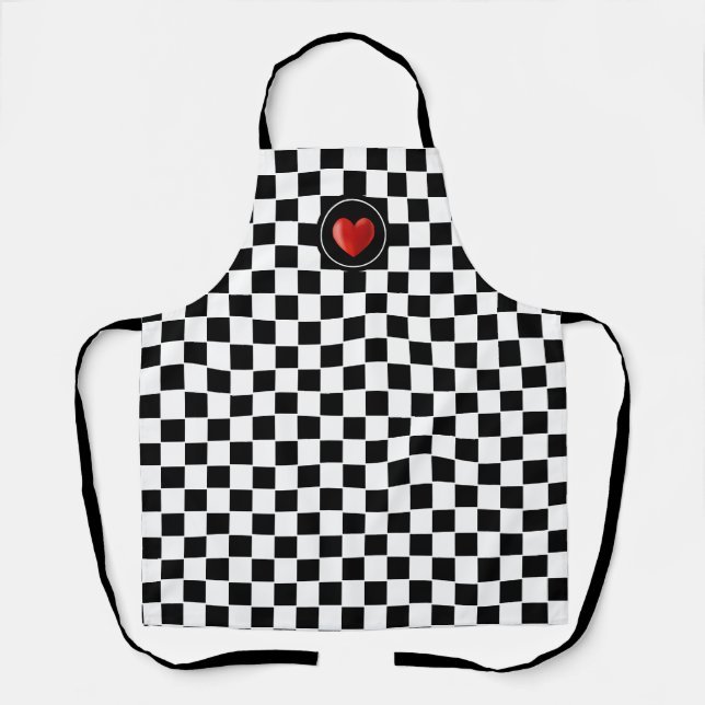 Red Heart on Black White Checkerboard Pattern Apron (Front)