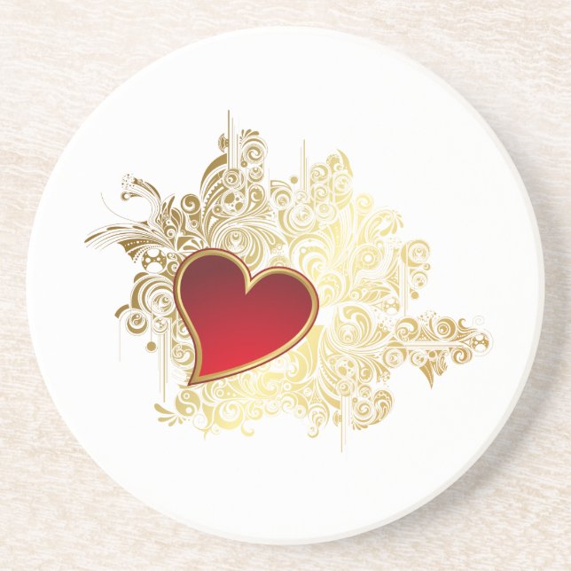 Red Heart on Gold Filigree Drink Coaster (Front)