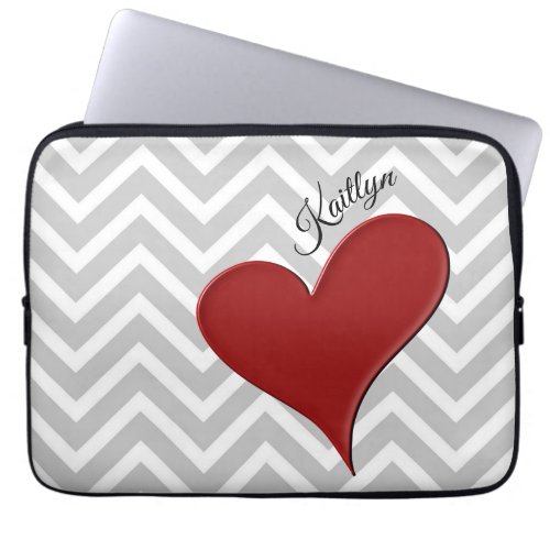 Red Heart on Grey Chevron Stripe with Name Laptop Sleeve