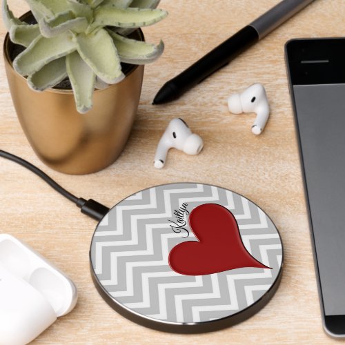Red Heart on Grey Chevron Stripe with Name Wireless Charger