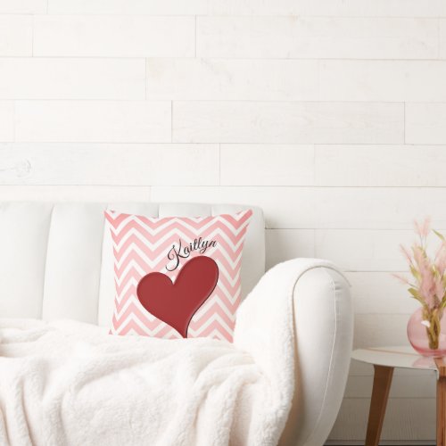 Red Heart on Pink Chevron Stripe Throw Pillow