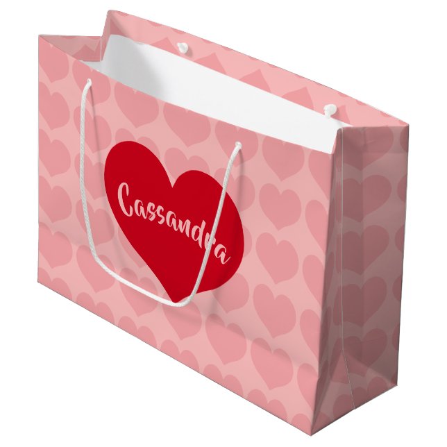 Red heart on pink name large gift bag (Front Angled)
