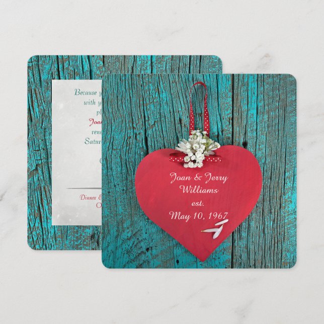 red heart on turquoise wood vow renewal invitation (Front/Back)