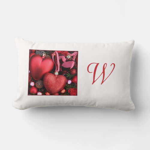 Red heart ornament X_mas pillow monogram Lumbar Pillow