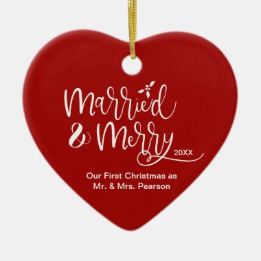 Red Heart Our First Christmas Married Merry Photo Ceramic Ornament