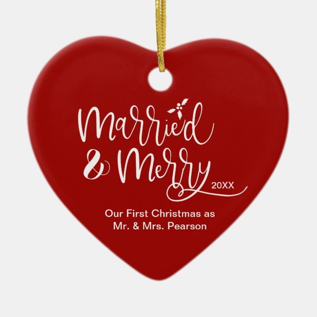 Red Heart Our First Christmas Married Merry Photo Ceramic Ornament (Front)