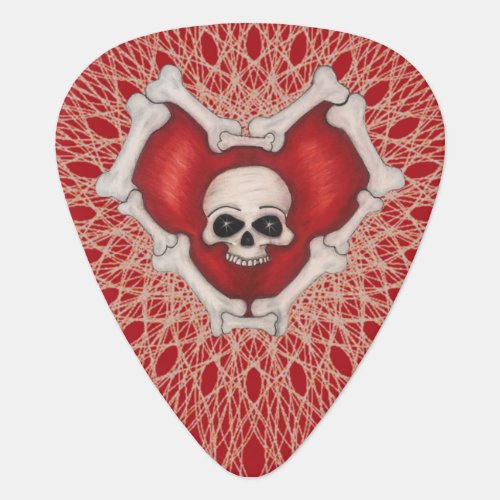 Red Heart Outlined in Bones Skull on Abstract Line Guitar Pick