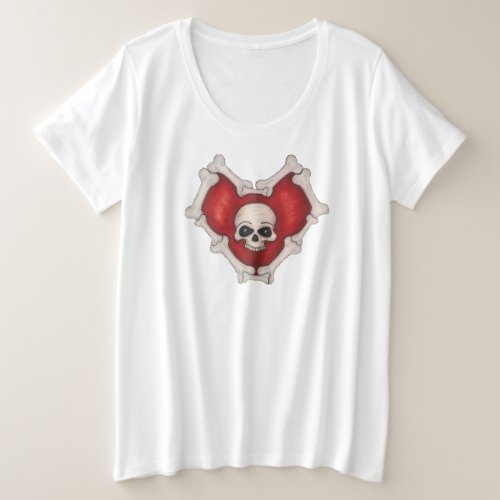 Red Heart Outlined With White Bones Skull Plus Size T_Shirt