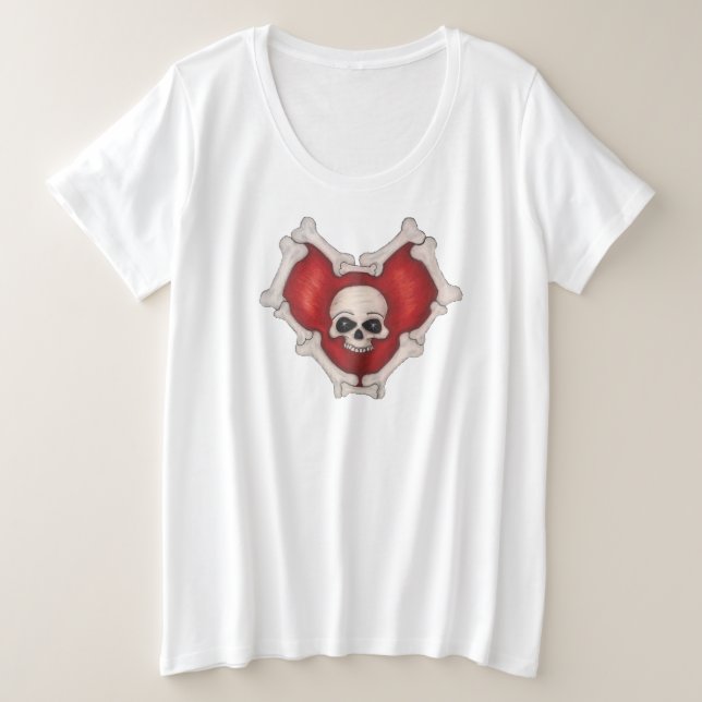 Red Heart Outlined With White Bones Skull Plus Size T-Shirt (Design Front)