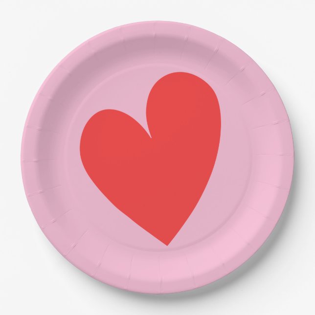 Red Heart Pastel Pink Valentine's Day Paper Plates (Front)
