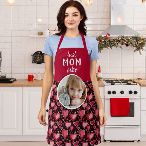 Red Heart Pattern Best Mom Photo Mothers Day Apron