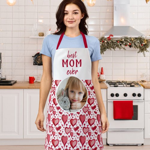 Red Heart Pattern Best Mom Photo Mothers Day Apron