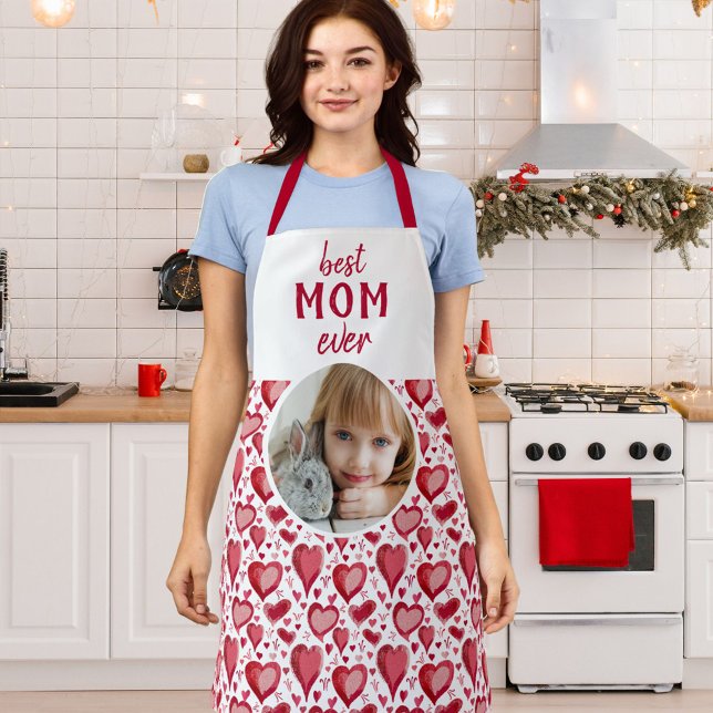 Red Heart Pattern Best Mom Photo Mother`s Day Apron (Creator Uploaded)