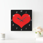 Red Heart Pattern Black Cute Valentine's Day Gift Square Wall Clock<br><div class="desc">Printed with cute red heart design on black custom color background! Customize as you wish.</div>