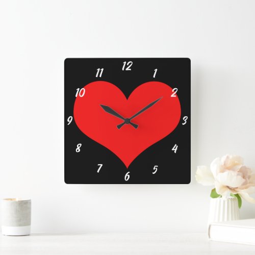 Red Heart Pattern Black Cute Valentines Day Gift Square Wall Clock
