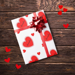 Red heart pattern custom name on white wrapping paper