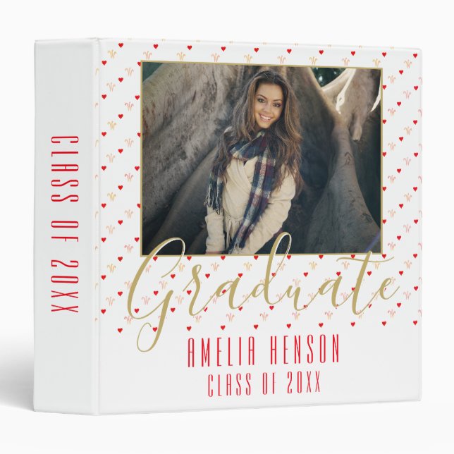 Red Heart Pattern Graduate Graduation Photo Album 3 Ring Binder (Front/Spine)