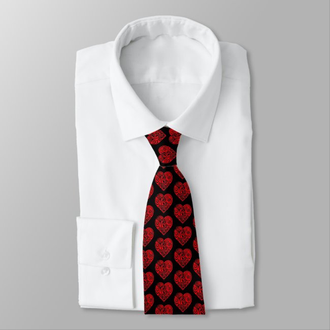 Red Heart Pattern on Black Background Tie