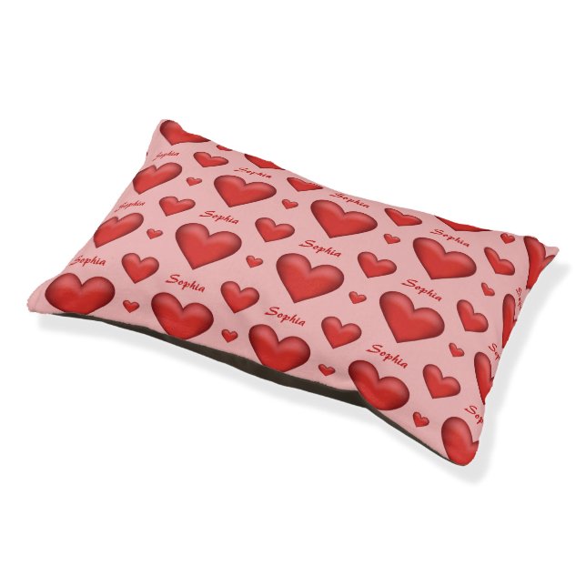 Red Heart Pattern With Custom Pet Name Bed (Angled)