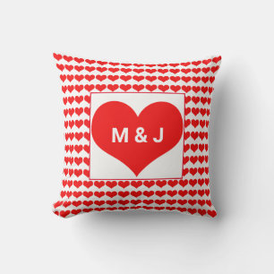 Red Heart Patterns Monogram Initials Valentine's Throw Pillow