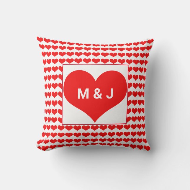Red Heart Patterns Monogram Initials Valentine's Throw Pillow (Front)