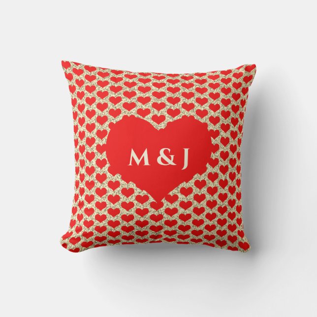 Red Heart Patterns Monograms Gold Glitter Cute Throw Pillow (Front)