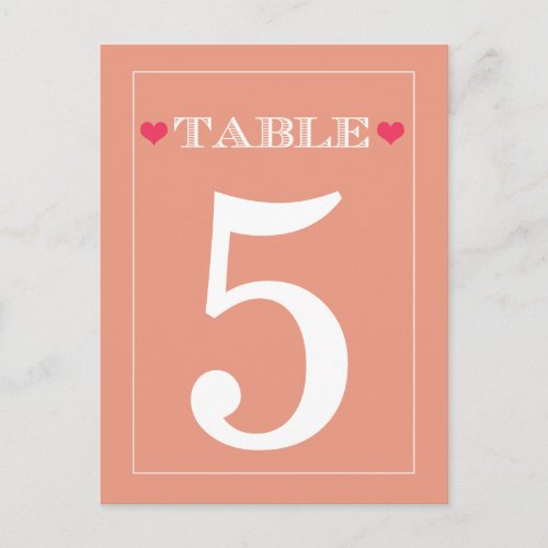 Red Heart Peach Wedding Table Number Cards