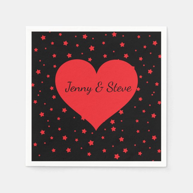 Red heart personalized black cocktail napkins (Front)