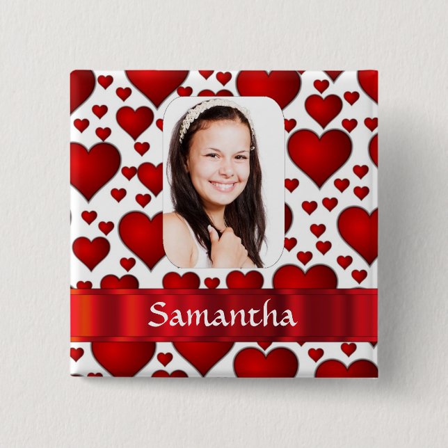 Red heart photo template pinback button (Front)