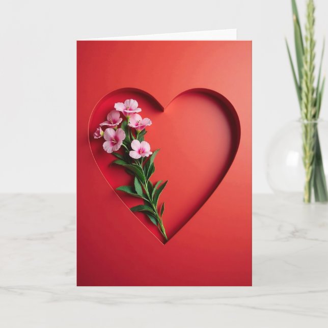 Red Heart Pink Flowers Card (Front)