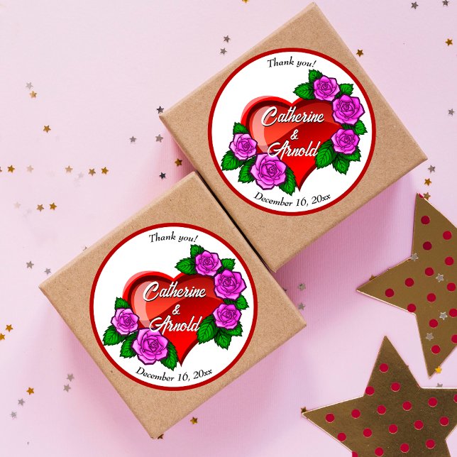 Red heart pink roses Thank You Wedding Favor Classic Round Sticker (Creator Uploaded)