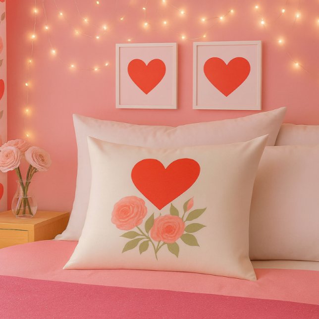 Red Heart & Pink Roses Watercolor  Throw Pillow (Romantic teen bedroom mockup with glitter, hearts, roses, and fairy lights for cozy charm.)