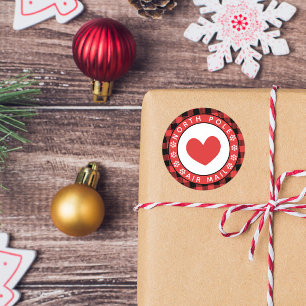 Red Heart Plaid North Pole Air Mail Classic Round Sticker