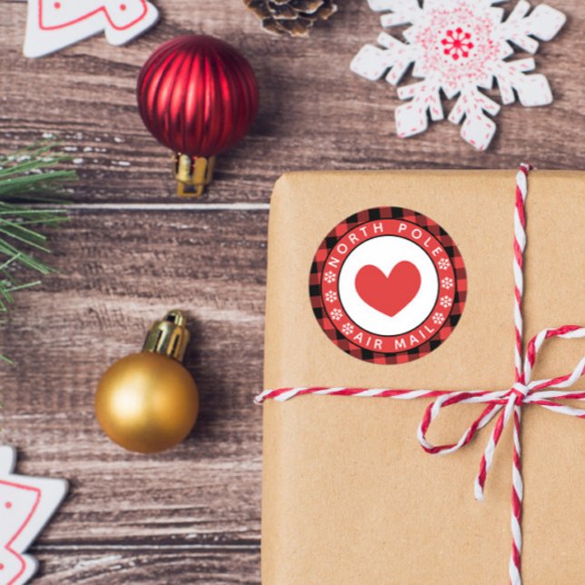 Red Heart Plaid North Pole Air Mail Classic Round Sticker (Creator Uploaded)