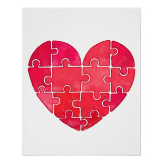 Red heart puzzle watercolor illustration poster