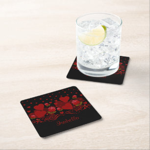 Red heart, red roses for Valentine's day  Square P Paper Coaster