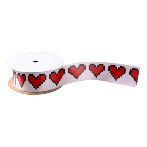 Red heart ribbon with pixel art love symbol