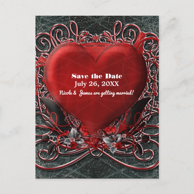 Red Heart & Roses Gothic Valentine Save The Date Announcement Postcard (Front)