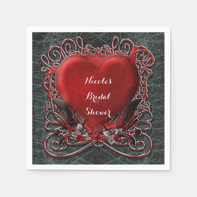 Red Heart & Roses Gothic Valentine Wedding Party Paper Napkins (Front)